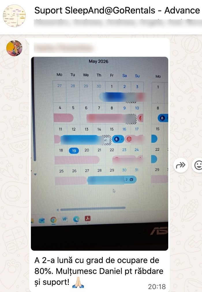 Captură WhatsApp: calendar de rezervări cu grad de ocupare de 80% în luna mai 2026, studio în Brașov