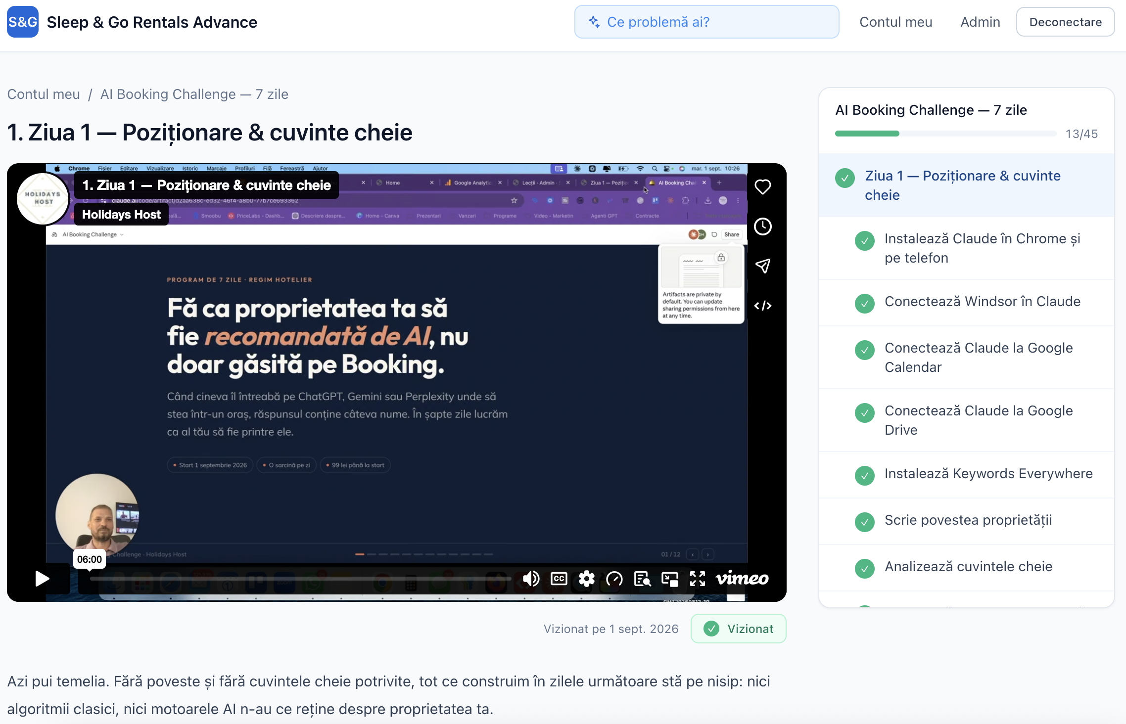 Platforma AI Booking Challenge: lecția video Ziua 1 — Poziționare și cuvinte cheie, cu subtaskurile bifate și progresul cursantului