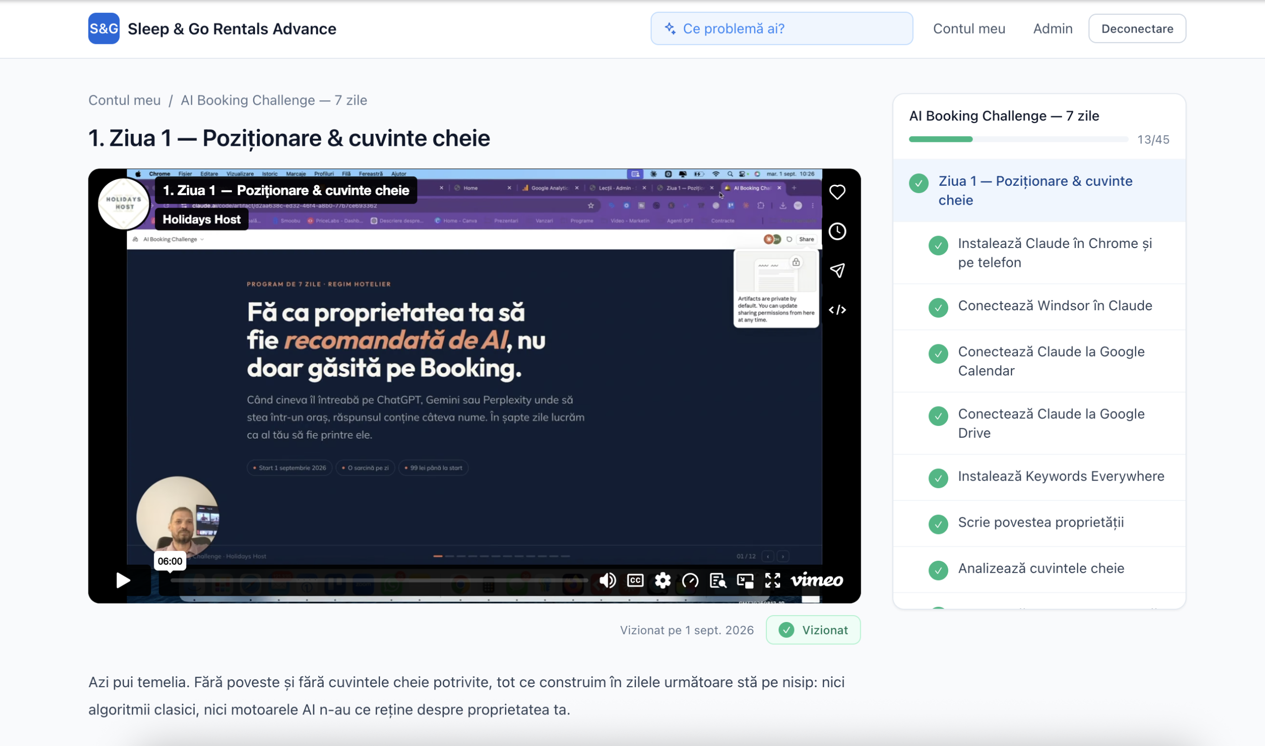 Vedere din platforma programului: lecția zilei, videoul și lista de taskuri cu progresul bifat